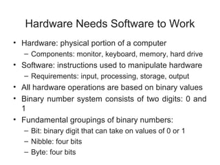 Hardware Needs Software to Work
• Hardware: physical portion of a computer
   – Components: monitor, keyboard, memory, hard drive
• Software: instructions used to manipulate hardware
   – Requirements: input, processing, storage, output
• All hardware operations are based on binary values
• Binary number system consists of two digits: 0 and
  1
• Fundamental groupings of binary numbers:
   – Bit: binary digit that can take on values of 0 or 1
   – Nibble: four bits
   – Byte: four bits
 