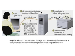Figure 1-2 All communication, storage, and processing of data inside a
computer are in binary form until presented as output to the user
 