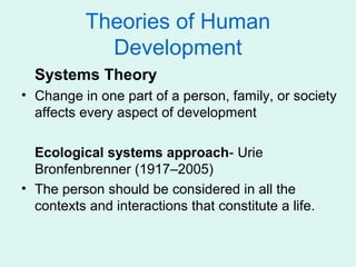 Theories of Human
             Development
  Systems Theory
• Change in one part of a person, family, or society
  affects every aspect of development

  Ecological systems approach- Urie
  Bronfenbrenner (1917–2005)
• The person should be considered in all the
  contexts and interactions that constitute a life.
 