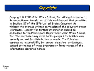 Copyright
                                 Copyright

          Copyright © 2008 John Wiley & Sons, Inc. All rights reserved.
          Reproduction or translation of this work beyond that permitted
          in Section 117 of the 1976 United States Copyright Act
          without the express written permission of the copyright owner
          is unlawful. Request for further information should be
          addressed to the Permissions Department, John Wiley & Sons,
          Inc. The purchaser may make back-up copies for his/her own
          use only and not for distribution or resale. The Publisher
          assumes no responsibility for errors, omissions, or damages,
          caused by the use of these programs or from the use of the
          information contained herein.




Chapter
 1-52
 