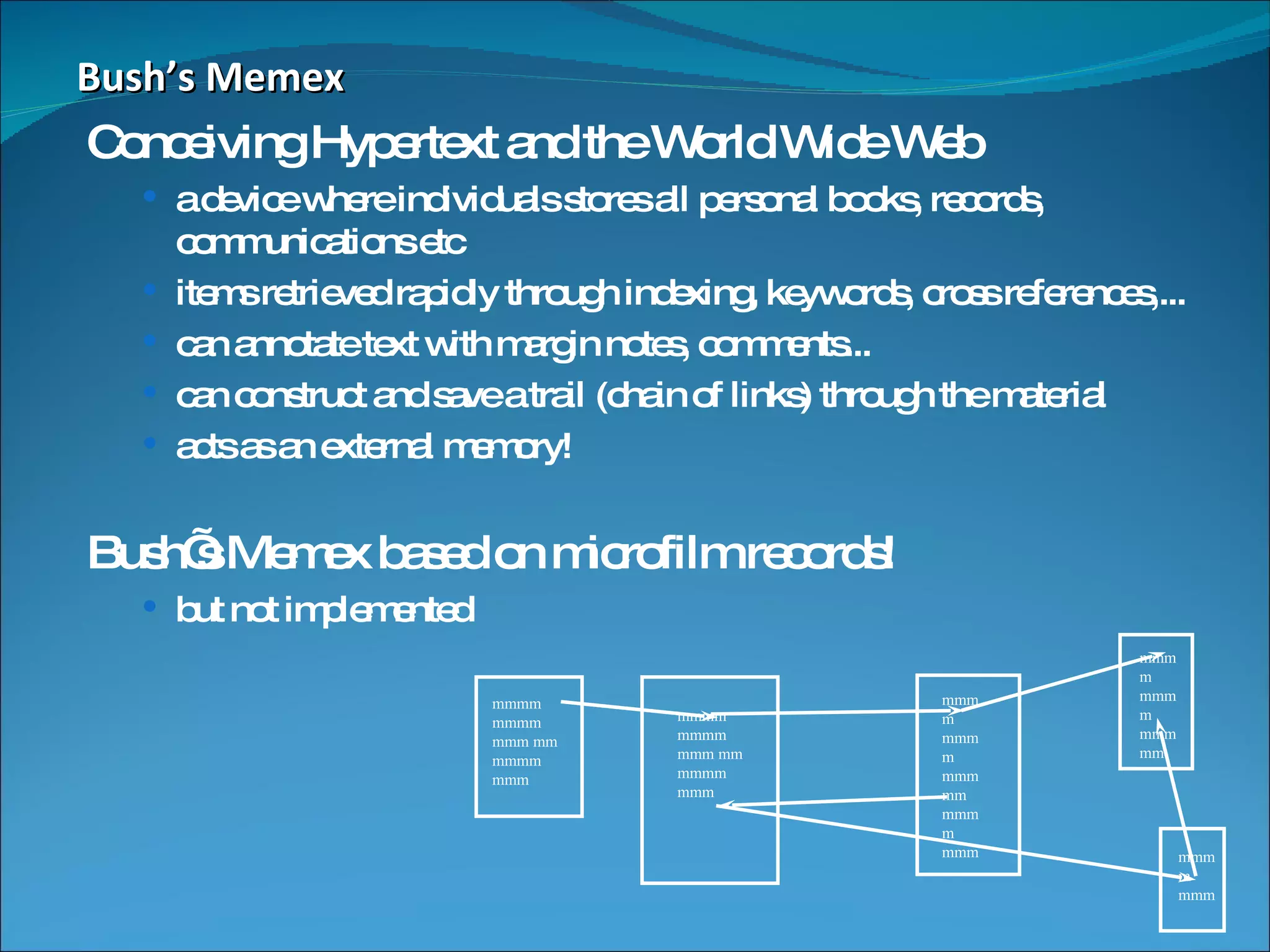 Bush’s Memex Conceiving Hypertext and the World Wide Web a device where individuals stores all personal books, records, communications etc items retrieved rapidly through indexing, keywords, cross references,... can annotate text with margin notes, comments... can construct and save a trail (chain of links) through the material acts as an external memory! Bush’s Memex based on microfilm records! but not implemented mmmm mmmm mmm mm mmmm mmm mmmm mmmm mmm mm mmmm mmm mmmm mmmm mmm mm mmmm mmm mmmm mmmm mmm mm mmmm mmm 
