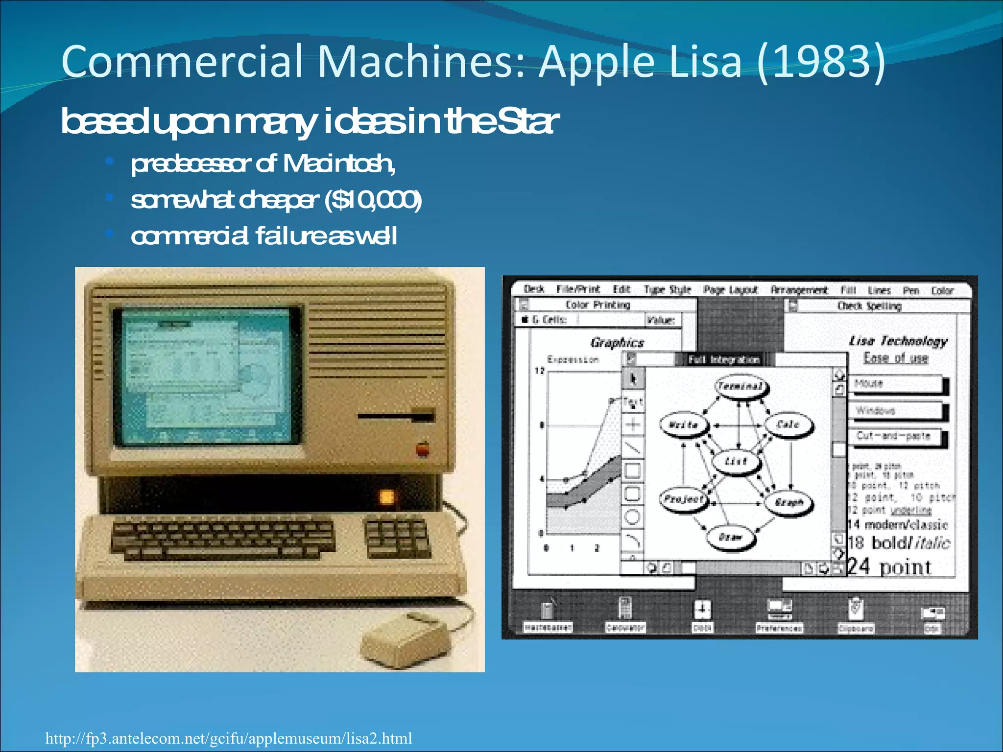 Commercial Machines: Apple Lisa (1983) based upon many ideas in the Star predecessor of Macintosh,  somewhat cheaper ($10,000) commercial failure as well http://fp3.antelecom.net/gcifu/applemuseum/lisa2.html 