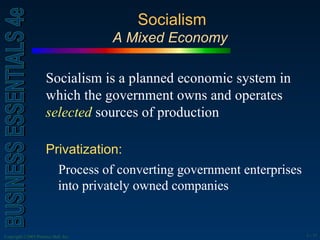 Socialism A Mixed Economy  Socialism is a planned economic system in which the government owns and operates  selected   sources of production Privatization:  Process of converting government enterprises into privately owned companies 