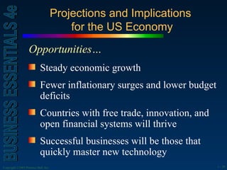Projections and Implications  for the US Economy Opportunities… Steady economic growth Fewer inflationary surges and lower budget deficits Countries with free trade, innovation, and open financial systems will thrive Successful businesses will be those that quickly master new technology 