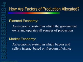 How Are Factors of Production Allocated? Planned Economy:   An economic system in which the government owns and operates all sources of production Market Economy:   An economic system in which buyers and sellers interact based on freedom of choice 