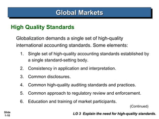 Global Markets
                             Global Markets
        High Quality Standards
         Globalization demands a single set of high-quality
         international accounting standards. Some elements:
           1. Single set of high-quality accounting standards established by
              a single standard-setting body.
           2. Consistency in application and interpretation.
           3. Common disclosures.
           4. Common high-quality auditing standards and practices.
           5. Common approach to regulatory review and enforcement.
           6. Education and training of market participants.
                                                                       (Continued)
Slide
1-10
                                      LO 3 Explain the need for high-quality standards.
 