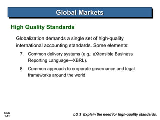 Global Markets
                           Global Markets
        High Quality Standards
         Globalization demands a single set of high-quality
         international accounting standards. Some elements:
           7. Common delivery systems (e.g., eXtensible Business
              Reporting Language—XBRL).
           8. Common approach to corporate governance and legal
              frameworks around the world




Slide
1-11
                                   LO 3 Explain the need for high-quality standards.
 