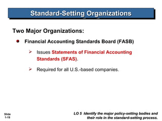 Standard-Setting Organizations
              Standard-Setting Organizations

        Two Major Organizations:
            Financial Accounting Standards Board (FASB)

              Issues Statements of Financial Accounting
               Standards (SFAS).

              Required for all U.S.-based companies.




Slide                           LO 5 Identify the major policy-setting bodies and
1-19                                   their role in the standard-setting process.
 