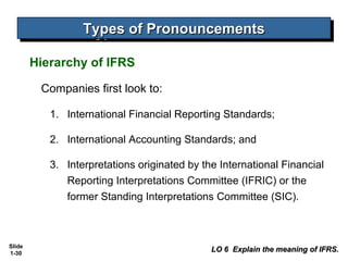 Types of Pronouncements
                  Types of Pronouncements

        Hierarchy of IFRS

         Companies first look to:

           1. International Financial Reporting Standards;

           2. International Accounting Standards; and

           3. Interpretations originated by the International Financial
              Reporting Interpretations Committee (IFRIC) or the
              former Standing Interpretations Committee (SIC).



Slide
1-30
                                              LO 6 Explain the meaning of IFRS.
 
