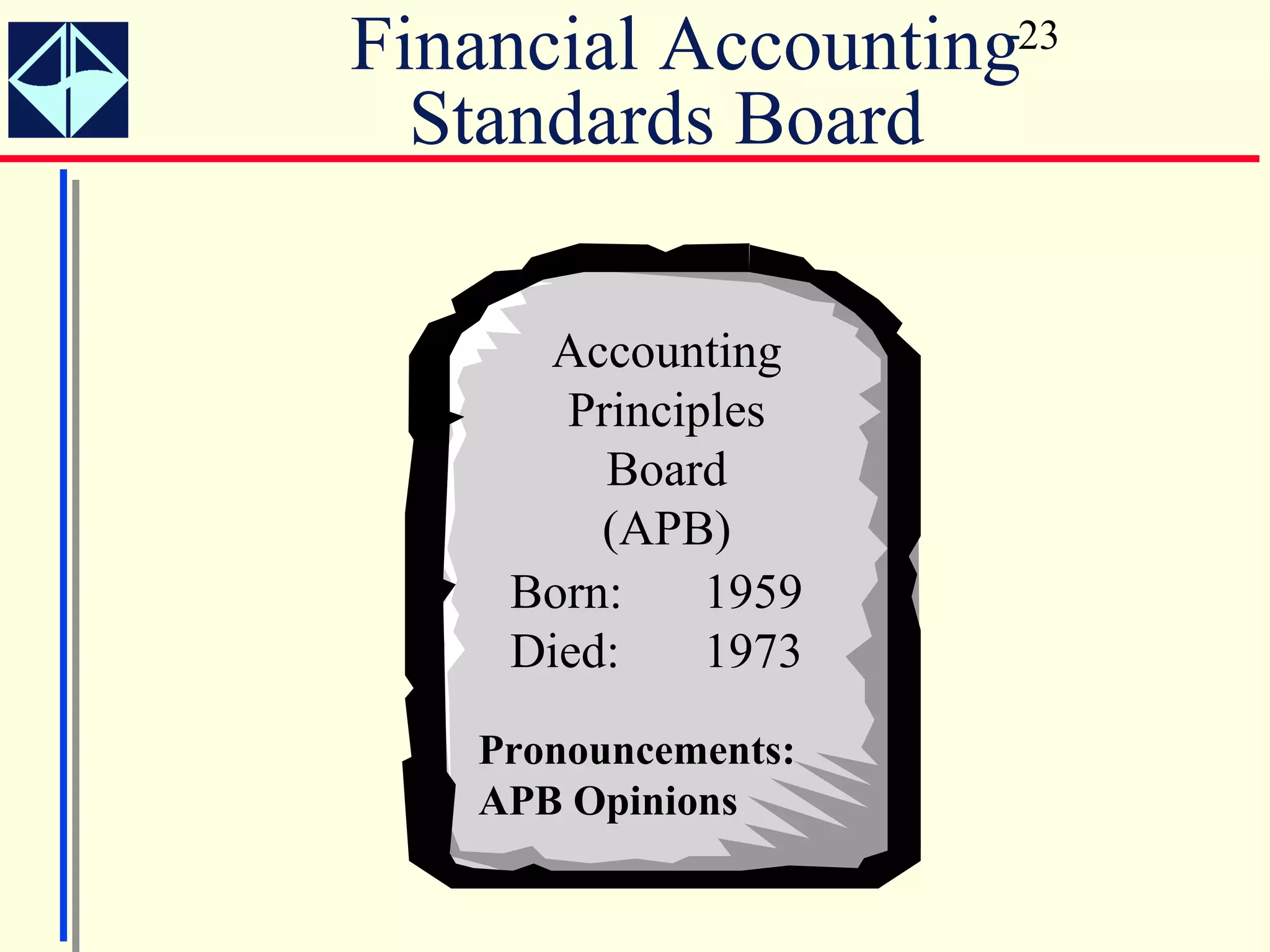 Financial Accounting23
  Standards Board

     Accounting
      Principles
        Board
        (APB)
    Born:    1959
    Died:    1973
   Pronouncements:
   APB Opinions
 
