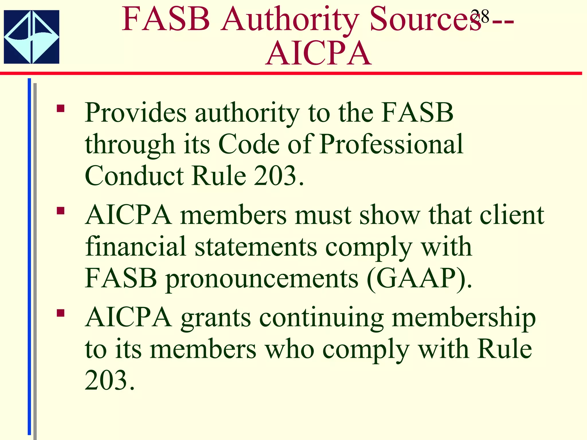 FASB Authority Sources --
                          28

            AICPA
 Provides authority to the FASB
  through its Code of Professional
  Conduct Rule 203.
 AICPA members must show that client
  financial statements comply with
  FASB pronouncements (GAAP).
 AICPA grants continuing membership
  to its members who comply with Rule
  203.
 