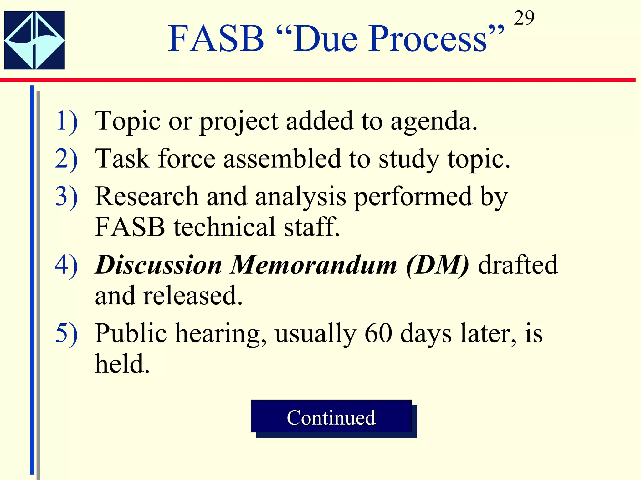 29
         FASB “Due Process”

1) Topic or project added to agenda.
2) Task force assembled to study topic.
3) Research and analysis performed by
   FASB technical staff.
4) Discussion Memorandum (DM) drafted
   and released.
5) Public hearing, usually 60 days later, is
   held.
                    Continued
                    Continued
 