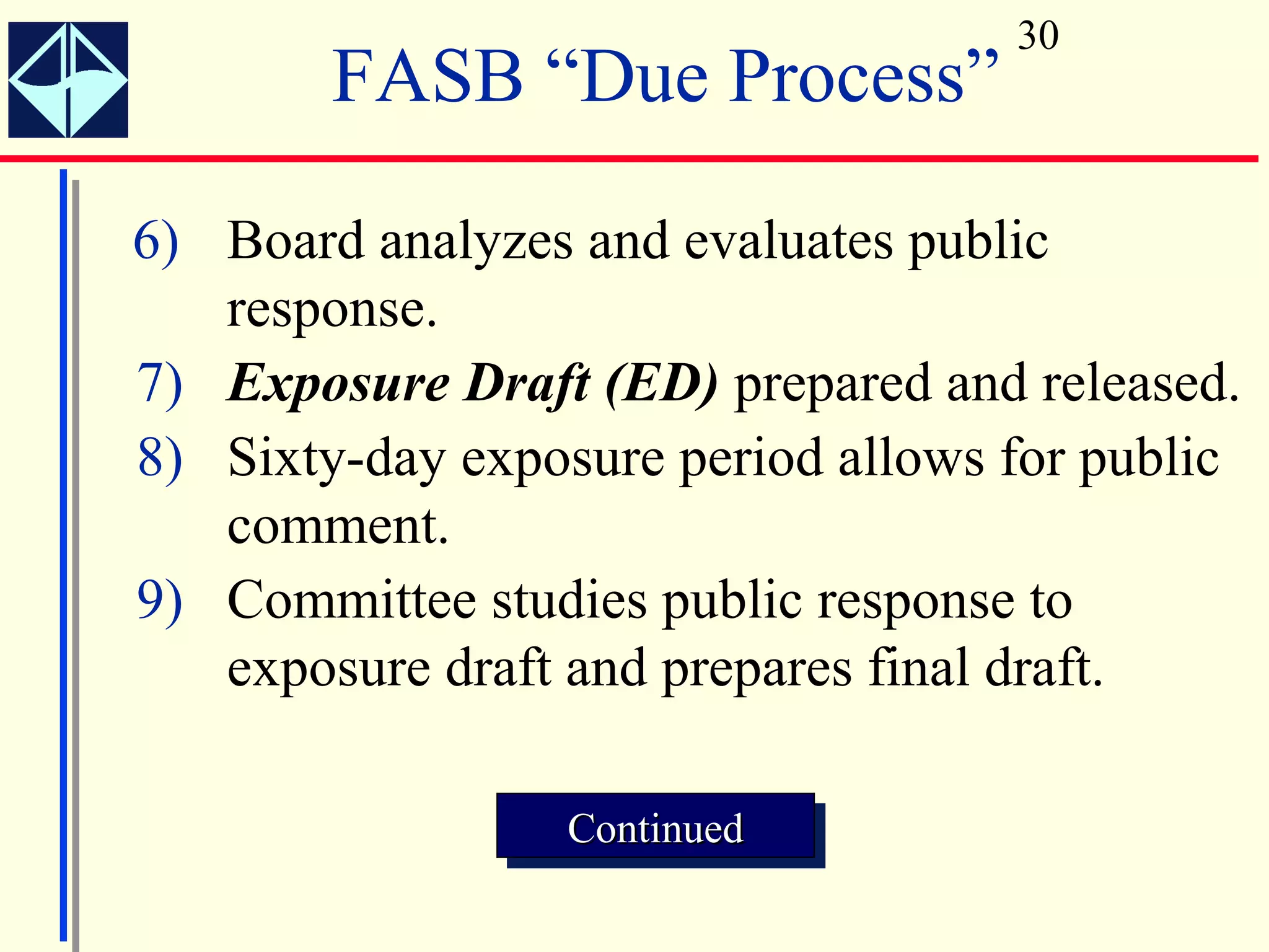 30
        FASB “Due Process”

6) Board analyzes and evaluates public
   response.
7) Exposure Draft (ED) prepared and released.
8) Sixty-day exposure period allows for public
   comment.
9) Committee studies public response to
   exposure draft and prepares final draft.

                  Continued
                  Continued
 
