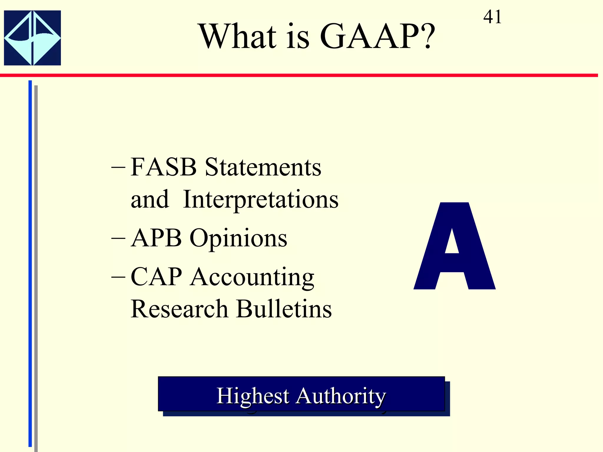 41
       What is GAAP?


– FASB Statements



                             A
  and Interpretations
– APB Opinions
– CAP Accounting
  Research Bulletins


         Highest Authority
         Highest Authority
 