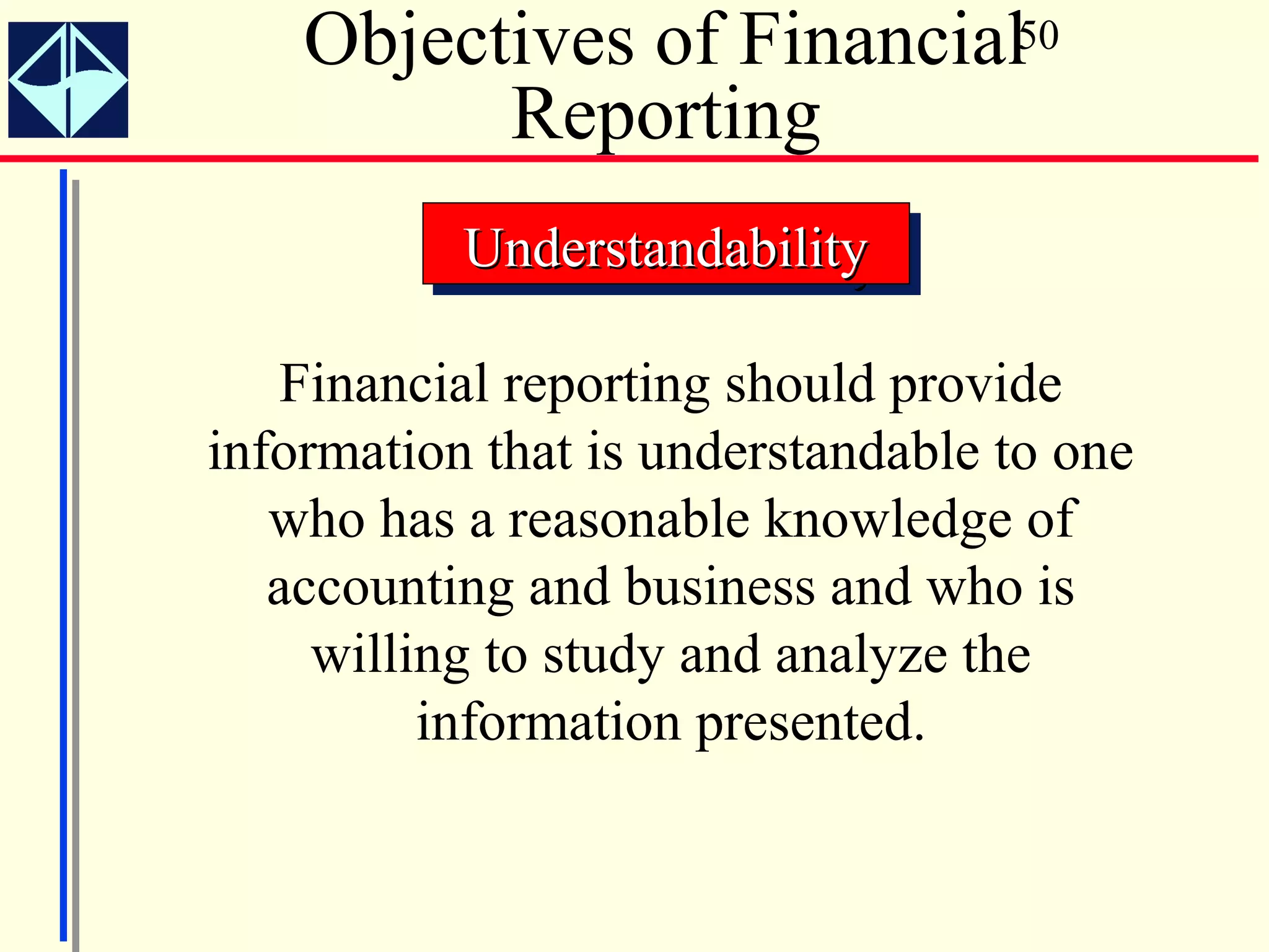 Objectives of Financial50
          Reporting
           Understandability
           Understandability

    Financial reporting should provide
information that is understandable to one
   who has a reasonable knowledge of
   accounting and business and who is
     willing to study and analyze the
          information presented.
 