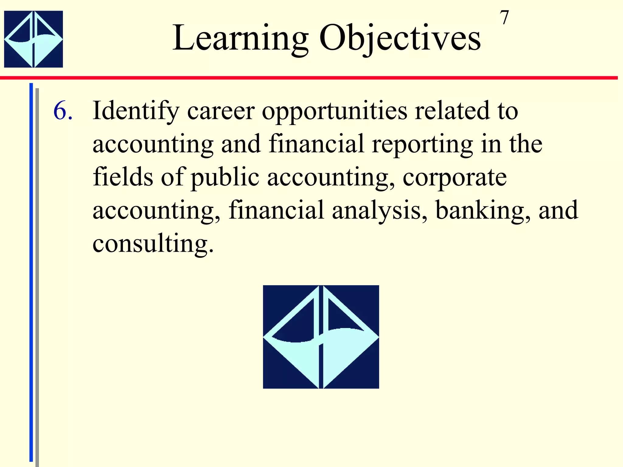 7
          Learning Objectives
6. Identify career opportunities related to
   accounting and financial reporting in the
   fields of public accounting, corporate
   accounting, financial analysis, banking, and
   consulting.
 