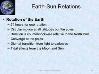 Earth-Sun Relations
• Rotation of the Earth
– 24 hours for one rotation
– Circular motion at all latitudes but the poles
– Rotation is counterclockwise relative to the North Pole
– Converge at the poles
– Diurnal transition from light to darkness
– Tidal effects from the Moon and Sun
14© 2011 Pearson Education, Inc.
 