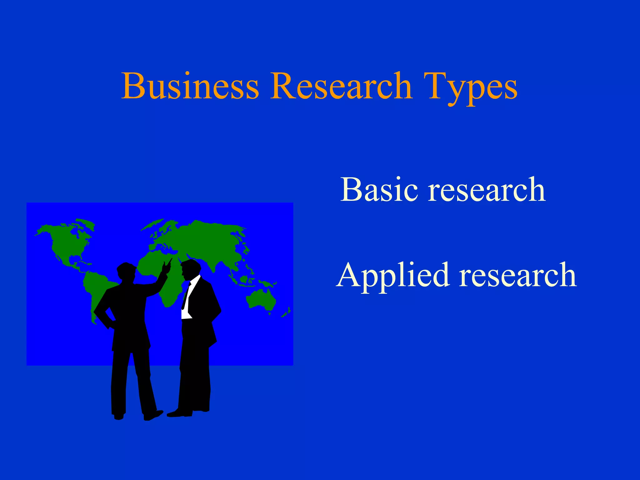 Basic research
Applied research
Business Research Types
 