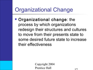 Organizational Change


Organizational change : the
process by which organizations
redesign their structures and cultures
to move from their presents state to
some desired future state to increase
their effectiveness

Copyright 2004
Prentice Hall

 