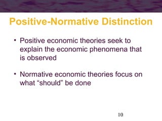 Positive-Normative Distinction
• Positive economic theories seek to
explain the economic phenomena that
is observed
• Normative economic theories focus on
what “should” be done

10

 