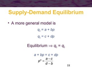 Supply-Demand Equilibrium
• A more general model is
qD = a + bp
qS = c + dp

Equilibrium ⇒ qD = qS
a + bp = c + dp
a−c
p* =
d −b

18

 