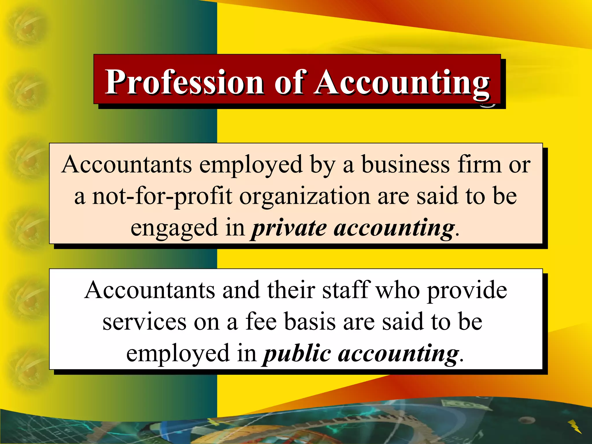 Profession of AccountingProfession of AccountingProfession of AccountingProfession of Accounting
Accountants employed by a business firm or
a not-for-profit organization are said to be
engaged in private accounting.
Accountants employed by a business firm or
a not-for-profit organization are said to be
engaged in private accounting.
Accountants and their staff who provide
services on a fee basis are said to be
employed in public accounting.
Accountants and their staff who provide
services on a fee basis are said to be
employed in public accounting.
 