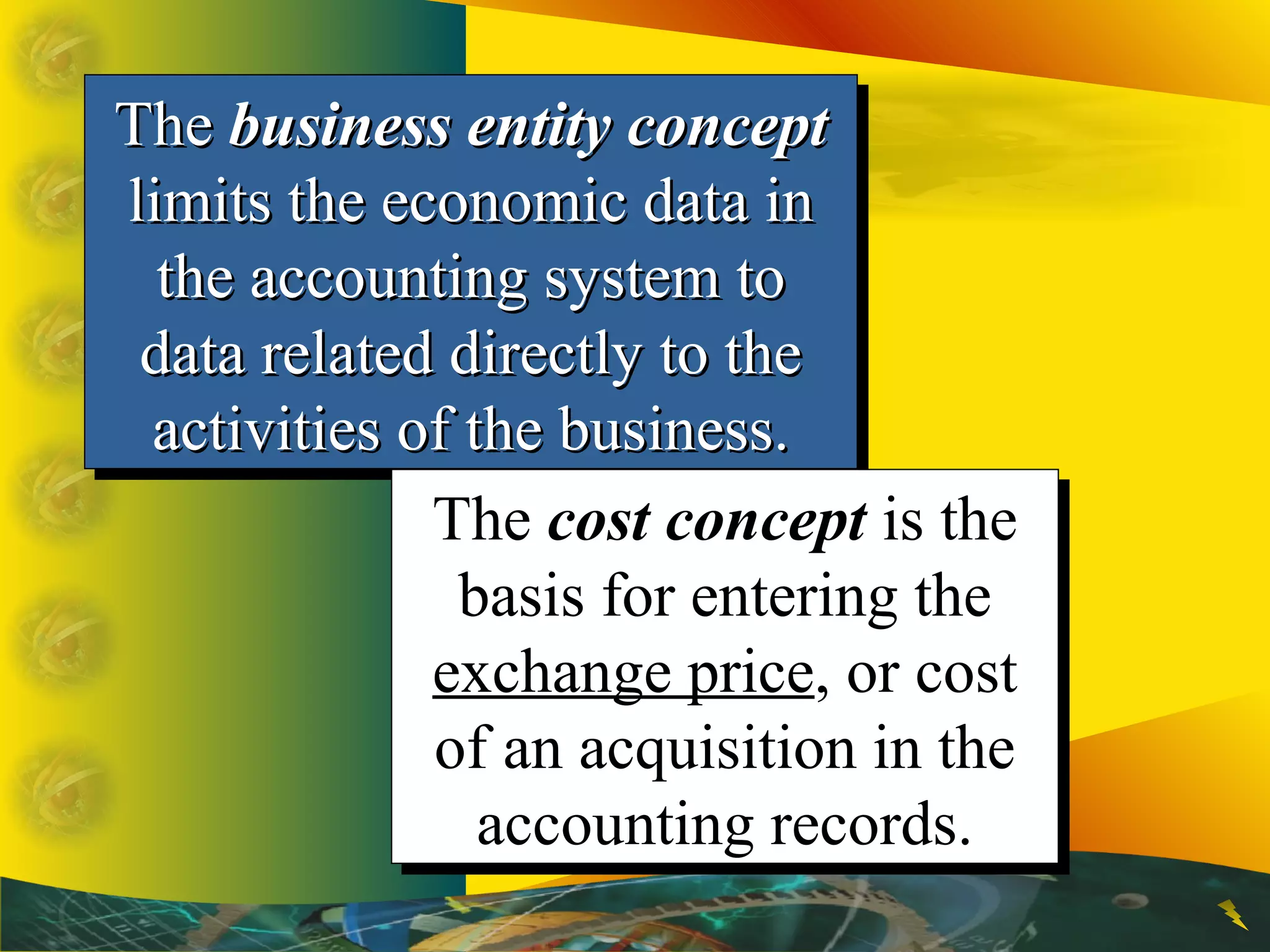 TheThe business entity conceptbusiness entity concept
limits the economic data inlimits the economic data in
the accounting system tothe accounting system to
data related directly to thedata related directly to the
activities of the business.activities of the business.
TheThe business entity conceptbusiness entity concept
limits the economic data inlimits the economic data in
the accounting system tothe accounting system to
data related directly to thedata related directly to the
activities of the business.activities of the business.
The cost concept is the
basis for entering the
exchange price, or cost
of an acquisition in the
accounting records.
The cost concept is the
basis for entering the
exchange price, or cost
of an acquisition in the
accounting records.
 