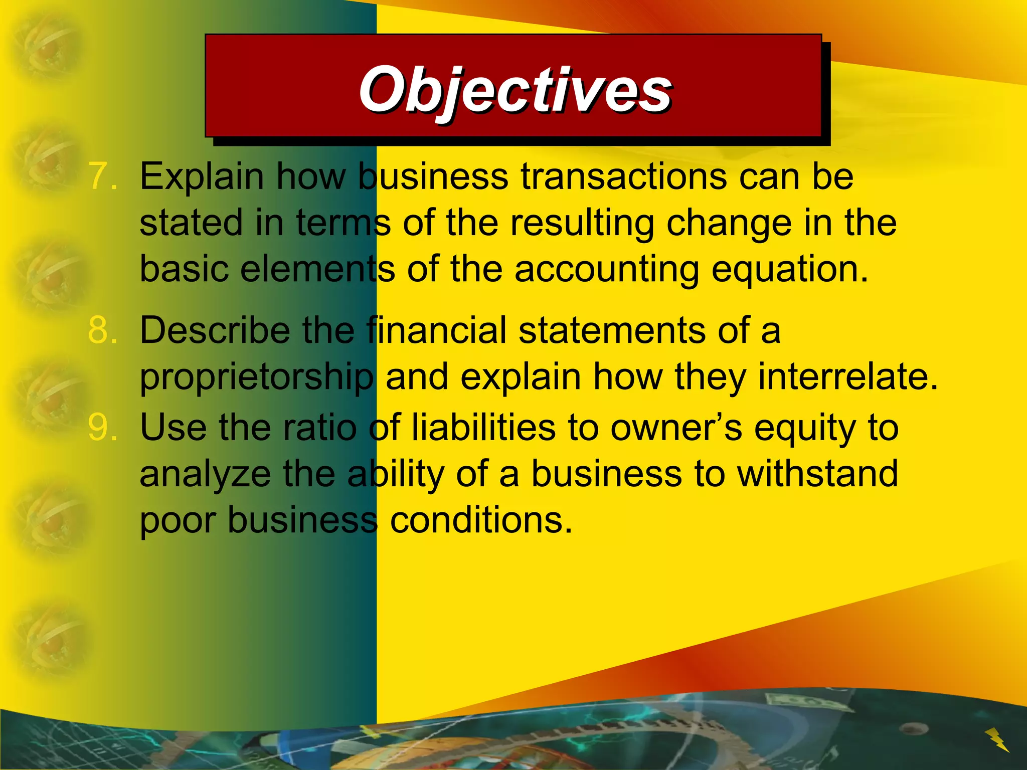7. Explain how business transactions can be
stated in terms of the resulting change in the
basic elements of the accounting equation.
ObjectivesObjectivesObjectivesObjectives
8. Describe the financial statements of a
proprietorship and explain how they interrelate.
9. Use the ratio of liabilities to owner’s equity to
analyze the ability of a business to withstand
poor business conditions.
 