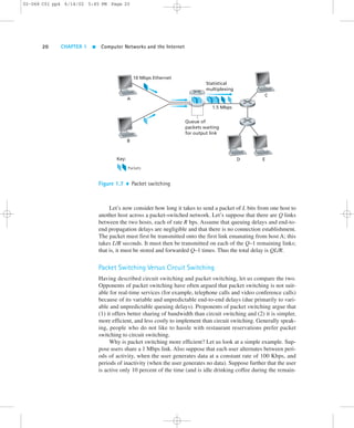 02-068 C01 pp4 6/14/02 5:45 PM Page 20 
20 CHAPTER 1  Computer Networks and the Internet 
10 Mbps Ethernet 
Key: 
A 
B 
Packets 
C 
D E 
Statistical 
multiplexing 
1.5 Mbps 
Queue of 
packets waiting 
for output link 
Figure 1.7  Packet switching 
Let’s now consider how long it takes to send a packet of L bits from one host to 
another host across a packet-switched network. Let’s suppose that there are Q links 
between the two hosts, each of rate R bps. Assume that queuing delays and end-to-end 
propagation delays are negligible and that there is no connection establishment. 
The packet must first be transmitted onto the first link emanating from host A; this 
takes L/R seconds. It must then be transmitted on each of the Q–1 remaining links; 
that is, it must be stored and forwarded Q–1 times. Thus the total delay is QL/R. 
Packet Switching Versus Circuit Switching 
Having described circuit switching and packet switching, let us compare the two. 
Opponents of packet switching have often argued that packet switching is not suit-able 
for real-time services (for example, telephone calls and video conference calls) 
because of its variable and unpredictable end-to-end delays (due primarily to vari-able 
and unpredictable queuing delays). Proponents of packet switching argue that 
(1) it offers better sharing of bandwidth than circuit switching and (2) it is simpler, 
more efficient, and less costly to implement than circuit switching. Generally speak-ing, 
people who do not like to hassle with restaurant reservations prefer packet 
switching to circuit switching. 
Why is packet switching more efficient? Let us look at a simple example. Sup-pose 
users share a 1 Mbps link. Also suppose that each user alternates between peri-ods 
of activity, when the user generates data at a constant rate of 100 Kbps, and 
periods of inactivity (when the user generates no data). Suppose further that the user 
is active only 10 percent of the time (and is idle drinking coffee during the remain- 
 