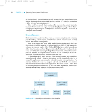 02-068 C01 pp4 6/14/02 5:45 PM Page 28 
28 CHAPTER 1  Computer Networks and the Internet 
are overly complex. These opponents include most researchers and engineers in the 
Internet community. Proponents of VC networks feel that VCs can offer applications 
a richer variety of networking services. 
How would you actually like to see the end-to-end route that packets take in the 
Internet? We now invite you to get your hands dirty by interacting with the Trace-route 
program, by visiting the site http://www.traceroute.org. (See a discussion of 
Traceroute in Section 1.6.) 
Network Taxonomy 
We have now introduced several important networking concepts: circuit switching, 
packet switching, virtual circuits, connectionless service, and connection-oriented 
service. How does it all fit together? 
First, in our simple view of the world, a telecommunication network either em-ploys 
circuit switching or packet switching (see Figure 1.13). A link in a circuit-switched 
network can employ either FDM or TDM. Packet-switched networks are 
either virtual circuit networks or datagram networks. Switches in virtual circuit net-works 
forward packets according to the packets’ VC numbers and maintain connec-tion 
state. Switches in datagram networks forward packets according to the packets’ 
destination addresses and do not maintain connection state. 
A datagram network is not, however, either a connectionless or a connection-oriented 
network. Indeed, a datagram network can provide connectionless service to 
some of its applications and connection-oriented service to other applications. For 
example, the Internet, which is a datagram network, provides both connectionless 
and connection-oriented service to its applications. We saw in Section 1.2 that these 
services are provided in the Internet by the UDP and TCP protocols, respectively. 
Networks with VCs are, however, always connection-oriented. 
Telecommunications 
networks 
Circuit-switched 
networks 
Packet-switched 
networks 
FDM TDM Networks 
with VCs 
Datagram 
networks 
Figure 1.13  Taxonomy of telecommunication networks 
 