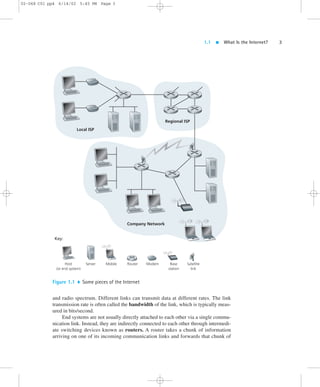 1.1  What Is the Internet? 3 
02-068 C01 pp4 6/14/02 5:45 PM Page 3 
Key: 
Local ISP 
Regional ISP 
Company Network 
Host 
(or end system) 
Server Mobile Router Modem Base 
station 
Satellite 
link 
Figure 1.1  Some pieces of the Internet 
and radio spectrum. Different links can transmit data at different rates. The link 
transmission rate is often called the bandwidth of the link, which is typically meas-ured 
in bits/second. 
End systems are not usually directly attached to each other via a single commu-nication 
link. Instead, they are indirectly connected to each other through intermedi-ate 
switching devices known as routers. A router takes a chunk of information 
arriving on one of its incoming communication links and forwards that chunk of 
 
