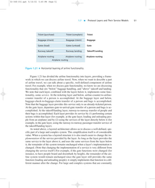 1.7  Protocol Layers and Their Service Models 51 
02-068 C01 pp4 6/14/02 5:45 PM Page 51 
Ticket (purchase) 
Baggage (check) 
Gates (load) 
Runway takeoff 
Airplane routing 
Ticket (complain) 
Baggage (claim) 
Gates (unload) 
Runway landing 
Airplane routing 
Ticket 
Baggage 
Gate 
Takeoff/Landing 
Airplane routing 
Airplane routing 
Figure 1.21  Horizontal layering of airline functionality 
Figure 1.21 has divided the airline functionality into layers, providing a frame-work 
in which we can discuss airline travel. Now, when we want to describe a part 
of airline travel, we can talk about a specific, well-defined component of airline 
travel. For example, when we discuss gate functionality, we know we are discussing 
functionality that sits “below” baggage handling, and “above” takeoff and landing. 
We note that each layer, combined with the layers below it, implements some func-tionality, 
some service. At the ticketing layer and below, airline-counter-to-airline-counter 
transfer of a person is accomplished. At the baggage layer and below, 
baggage-check-to-baggage-claim transfer of a person and bags is accomplished. 
Note that the baggage layer provides this service only to an already-ticketed person. 
At the gate layer, departure-gate-to-arrival-gate transfer of a person and bags is ac-complished. 
At the takeoff/landing layer, runway-to-runway transfer of people and 
their bags is accomplished. Each layer provides its service by (1) performing certain 
actions within that layer (for example, at the gate layer, loading and unloading peo-ple 
from an airplane) and by (2) using the services of the layer directly below it (for 
example, in the gate layer, using the runway-to-runway passenger transfer service of 
the takeoff/landing layer). 
As noted above, a layered architecture allows us to discuss a well-defined, spe-cific 
part of a large and complex system. This simplification itself is of considerable 
value. When a system has a layered structure it is also much easier to change the im-plementation 
of the service provided by the layer. As long as the layer provides the 
same service to the layer above it, and uses the same services from the layer below 
it, the remainder of the system remains unchanged when a layer’s implementation is 
changed. (Note that changing the implementation of a service is very different from 
changing the service itself!) For example, if the gate functions were changed (for 
instance, to have people board and disembark by height), the remainder of the air-line 
system would remain unchanged since the gate layer still provides the same 
function (loading and unloading people); it simply implements that function in a dif-ferent 
manner after the change. For large and complex systems that are constantly 
 
