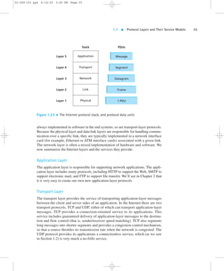 1.7  Protocol Layers and Their Service Models 55 
02-068 C01 pp4 6/14/02 5:45 PM Page 55 
Stack PDUs 
Layer 5 Application Message 
Layer 4 Transport Segment 
Layer 3 Network Datagram 
Layer 2 Link Frame 
Layer 1 Physical 1-PDU 
Figure 1.23  The Internet protocol stack, and protocol data units 
always implemented in software in the end systems; so are transport-layer protocols. 
Because the physical layer and data link layers are responsible for handling commu-nication 
over a specific link, they are typically implemented in a network interface 
card (for example, Ethernet or ATM interface cards) associated with a given link. 
The network layer is often a mixed implementation of hardware and software. We 
now summarize the Internet layers and the services they provide. 
Application Layer 
The application layer is responsible for supporting network applications. The appli-cation 
layer includes many protocols, including HTTP to support the Web, SMTP to 
support electronic mail, and FTP to support file transfer. We’ll see in Chapter 2 that 
it is very easy to create our own new application-layer protocols. 
Transport Layer 
The transport layer provides the service of transporting application-layer messages 
between the client and server sides of an application. In the Internet there are two 
transport protocols, TCP and UDP, either of which can transport application-layer 
messages. TCP provides a connection-oriented service to its applications. This 
service includes guaranteed delivery of application-layer messages to the destina-tion 
and flow control (that is, sender/receiver speed matching). TCP also segments 
long messages into shorter segments and provides a congestion control mechanism, 
so that a source throttles its transmission rate when the network is congested. The 
UDP protocol provides its applications a connectionless service, which (as we saw 
in Section 1.2) is very much a no-frills service. 
 