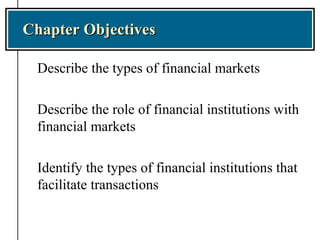 CChhaapptteerr OObbjjeeccttiivveess 
 Describe the types of financial markets 
 Describe the role of financial institutions with 
financial markets 
 Identify the types of financial institutions that 
facilitate transactions 
 