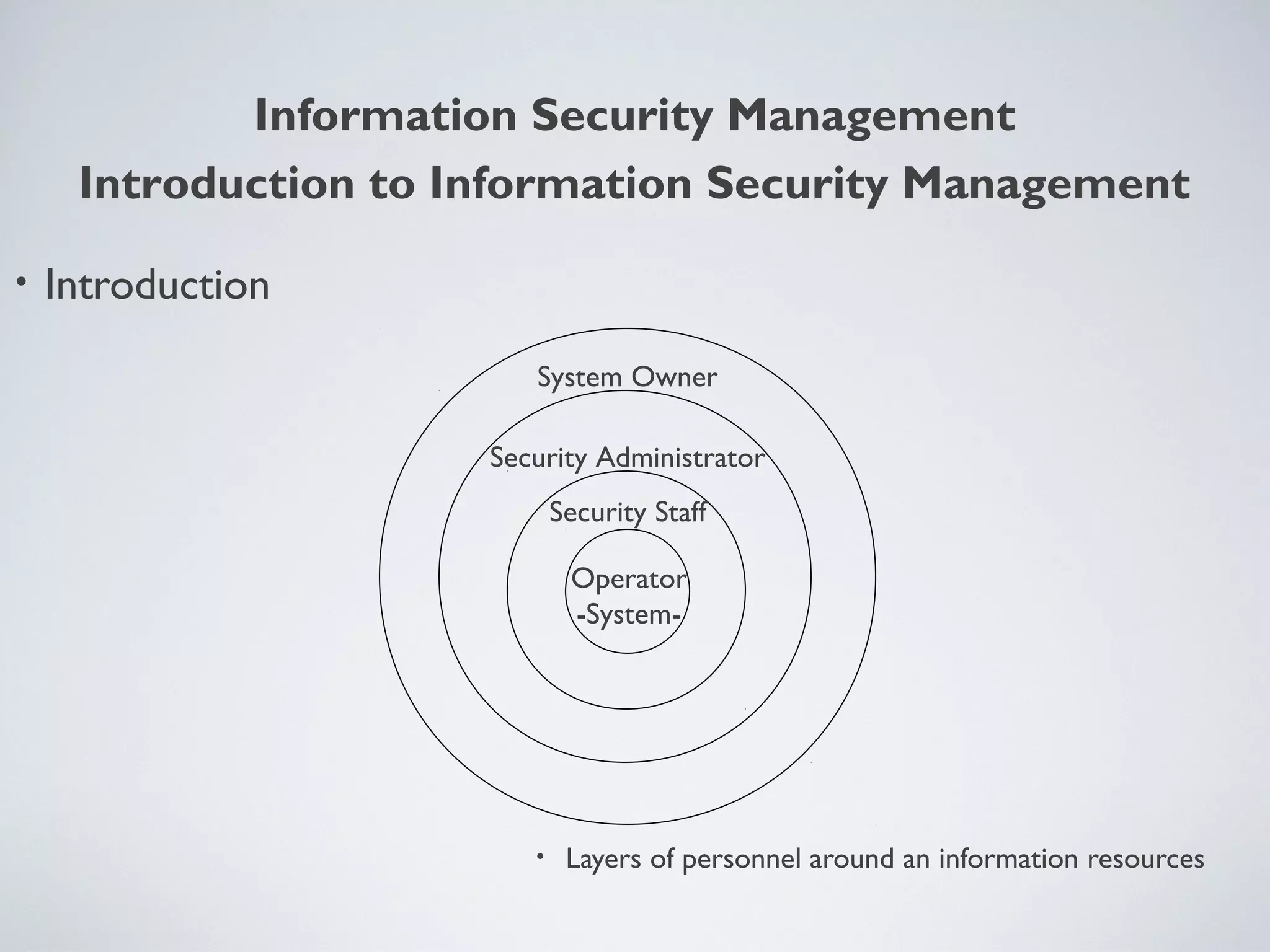 • Introduction
• Layers of personnel around an information resources
Operator
-System-
Security Staff
Security Administrator
System Owner
Information Security Management
Introduction to Information Security Management
 