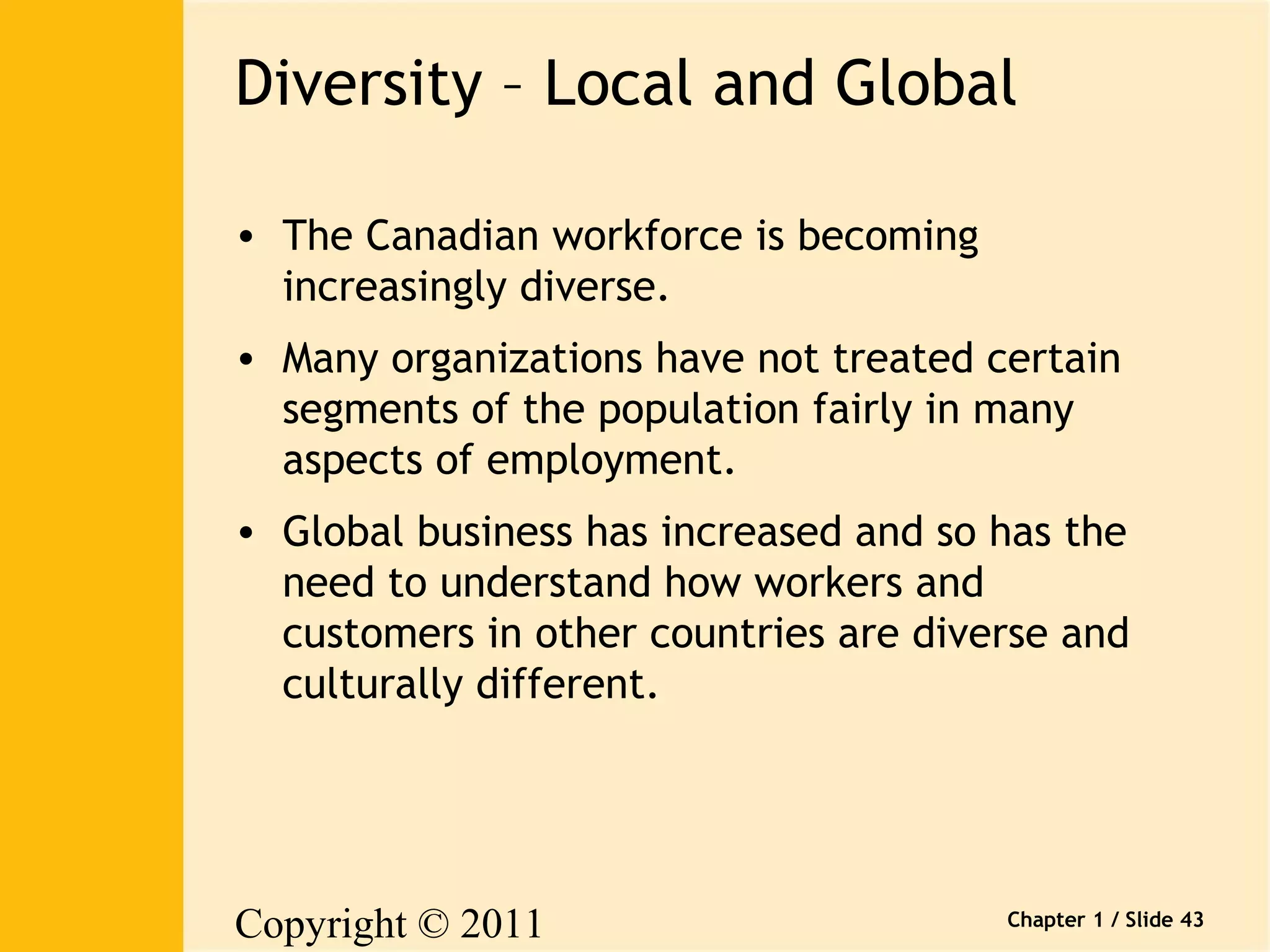 Diversity – Local and Global 
• The Canadian workforce is becoming 
increasingly diverse. 
• Many organizations have not treated certain 
segments of the population fairly in many 
aspects of employment. 
• Global business has increased and so has the 
need to understand how workers and 
customers in other countries are diverse and 
culturally different. 
Copyright © 2011 
Pearson Canada Inc. 
Chapter 1 / Slide 43 
 