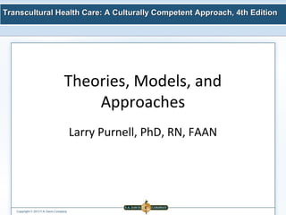 Transcultural Health Care: A Culturally Competent AApppprrooaacchh,, 44tthh EEddiittiioonn 
Theories, Models, and 
Copyright © 2013 F.A. Davis Company 
Approaches 
Larry Purnell, PhD, RN, FAAN 
 