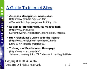 Copyright © 2004 South-
Western. All rights reserved. 1–13
A Guide To Internet Sites
• American Management Association
(http://www.amanet.org/start.htm)
AMA membership, programs, training, etc.
• Society for Human Resource Management
(http://www.shrm.org)
Current events, information, connections, articles.
• HR Professional’s Gateway to the Internet
(http://www.hrisolutions.com/index2.html)
Links to HR-related web pages.
• Training and Development Homepage
(http://www.tcm.com/trdev/)
Job mart, training links, T&D electronic mailing list links.
HRM 2
 