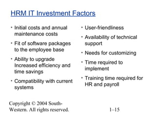 Copyright © 2004 South-
Western. All rights reserved. 1–15
HRM IT Investment Factors
• Initial costs and annual
maintenance costs
• Fit of software packages
to the employee base
• Ability to upgrade
Increased efficiency and
time savings
• Compatibility with current
systems
• User-friendliness
• Availability of technical
support
• Needs for customizing
• Time required to
implement
• Training time required for
HR and payroll
 