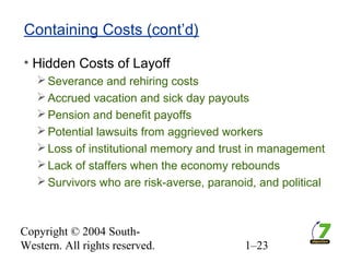 Copyright © 2004 South-
Western. All rights reserved. 1–23
Containing Costs (cont’d)
• Hidden Costs of Layoff
Severance and rehiring costs
Accrued vacation and sick day payouts
Pension and benefit payoffs
Potential lawsuits from aggrieved workers
Loss of institutional memory and trust in management
Lack of staffers when the economy rebounds
Survivors who are risk-averse, paranoid, and political
 