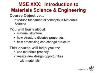 Chapter 1 - 1
MSE XXX: Introduction to
Materials Science & Engineering
Course Objective...
Introduce fundamental concepts in Materials
Science
You will learn about:
• material structure
• how structure dictates properties
• how processing can change structure
This course will help you to:
• use materials properly
• realize new design opportunities
with materials
 