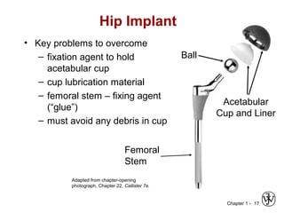 Chapter 1 - 17
Hip Implant
• Key problems to overcome
– fixation agent to hold
acetabular cup
– cup lubrication material
– femoral stem – fixing agent
(“glue”)
– must avoid any debris in cup
Femoral
Stem
Ball
Acetabular
Cup and Liner
Adapted from chapter-opening
photograph, Chapter 22, Callister 7e.
 