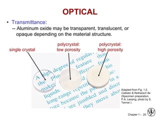 Chapter 1 - 25
• Transmittance:
-- Aluminum oxide may be transparent, translucent, or
opaque depending on the material structure.
Adapted from Fig. 1.2,
Callister & Rethwisch 8e.
(Specimen preparation,
P.A. Lessing; photo by S.
Tanner.)
single crystal
polycrystal:
low porosity
polycrystal:
high porosity
OPTICAL
 