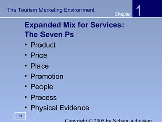Chapter
Expanded Mix for Services:
The Seven Ps
• Product
• Price
• Place
• Promotion
• People
• Process
• Physical Evidence
1
1-8
The Tourism Marketing Environment
 