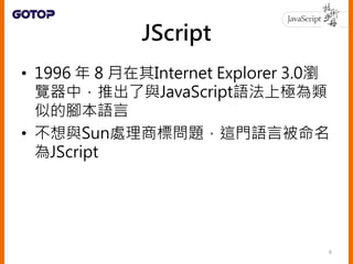 ECMA-262 第三版
• Netscape於1996年11月正式向ECMA提交
語言規範
• ECMA-262於1997 年 6 月正式釋出首個版
本，亦被稱為ECMAScript
• JavaScript成為實現ECMAScript的語言...