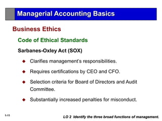 1-11
LO 2 Identify the three broad functions of management.
Business Ethics
Sarbanes-Oxley Act (SOX)
 Clarifies management’s responsibilities.
 Requires certifications by CEO and CFO.
 Selection criteria for Board of Directors and Audit
Committee.
 Substantially increased penalties for misconduct.
Code of Ethical Standards
Managerial Accounting Basics
 
