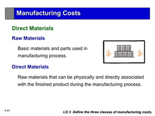 1-17
Direct Materials
Raw Materials
Basic materials and parts used in
manufacturing process.
LO 3 Define the three classes of manufacturing costs.
Direct Materials
Raw materials that can be physically and directly associated
with the finished product during the manufacturing process.
Manufacturing Costs
 