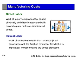 1-19
Work of factory employees that can be
physically and directly associated with
converting raw materials into finished
goods.
Indirect Labor
Work of factory employees that has no physical
association with the finished product or for which it is
impractical to trace costs to the goods produced.
LO 3 Define the three classes of manufacturing costs.
Direct Labor
Manufacturing Costs
 