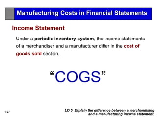 1-27
Under a periodic inventory system, the income statements
of a merchandiser and a manufacturer differ in the cost of
goods sold section.
LO 5 Explain the difference between a merchandising
and a manufacturing income statement.
Income Statement
“COGS”
Manufacturing Costs in Financial Statements
 