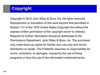 1-51
Copyright © 2012 John Wiley & Sons, Inc. All rights reserved.
Reproduction or translation of this work beyond that permitted in
Section 117 of the 1976 United States Copyright Act without the
express written permission of the copyright owner is unlawful.
Request for further information should be addressed to the
Permissions Department, John Wiley & Sons, Inc. The purchaser
may make back-up copies for his/her own use only and not for
distribution or resale. The Publisher assumes no responsibility for
errors, omissions, or damages, caused by the use of these
programs or from the use of the information contained herein.
Copyright
 